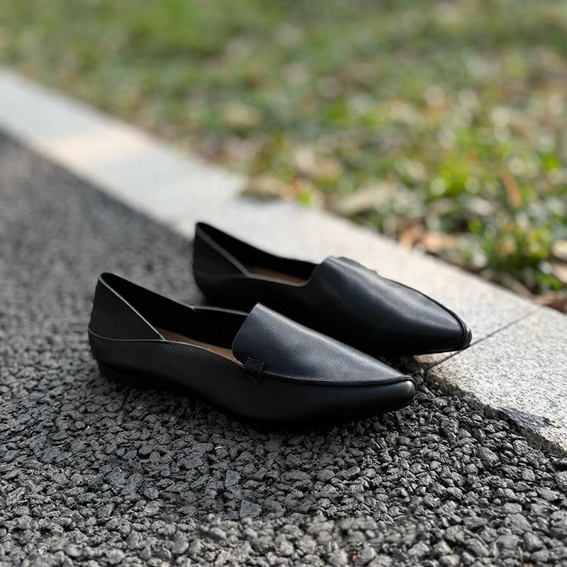 Johnature Retro Women Genuine Leather Pointed Toe Flats Shoes Handmade Shallow Soft Sole Solid Color Slip-on Shoes