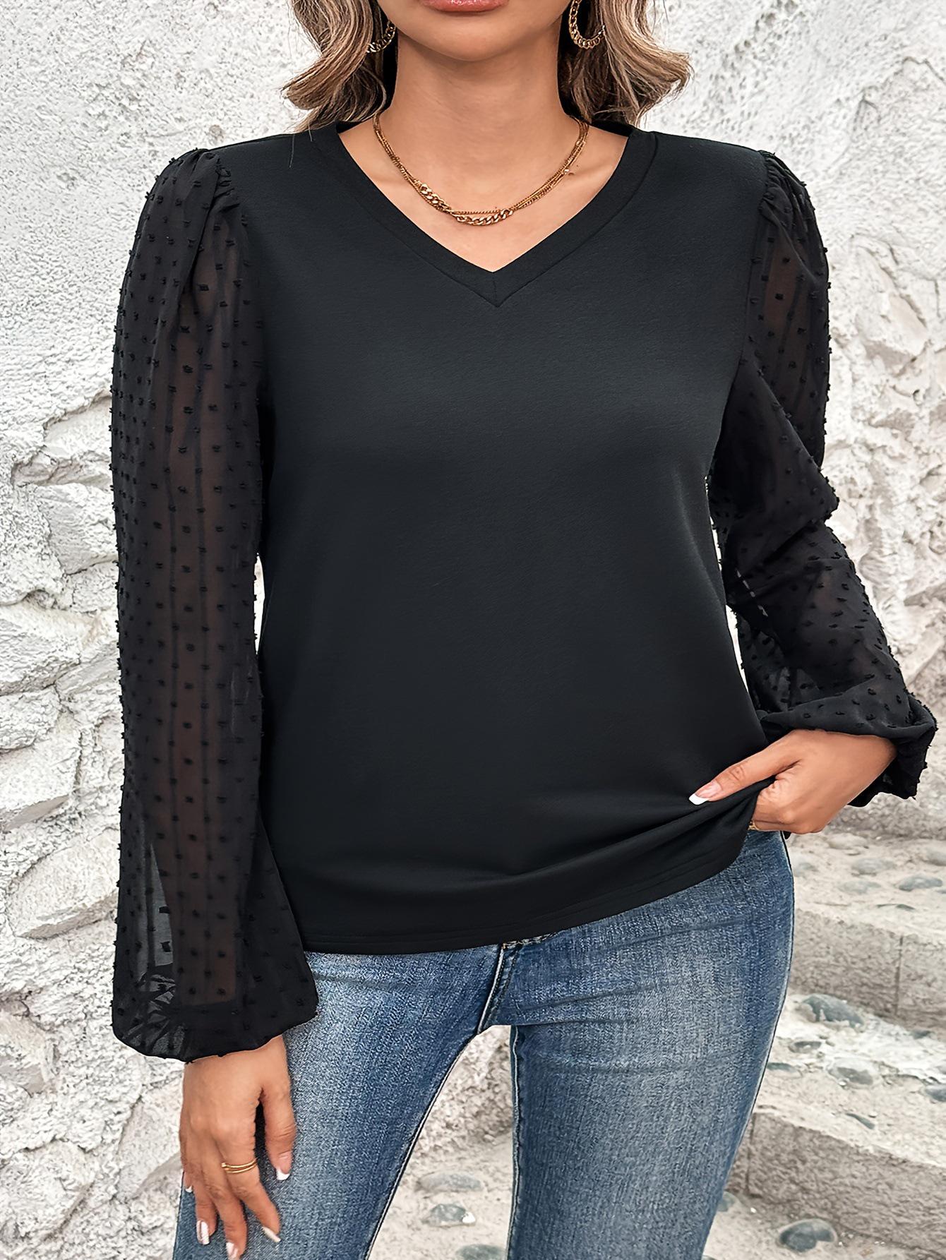

Женская рубашка с V-образным вырезом и длинным рукавом однотонная L чёрный