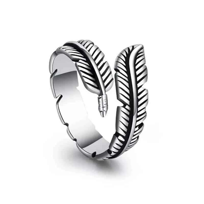 Feather Leaf Ring, Opening Adjustable Retro Old Index Finger Ring, Texture Personalized Ring Ring