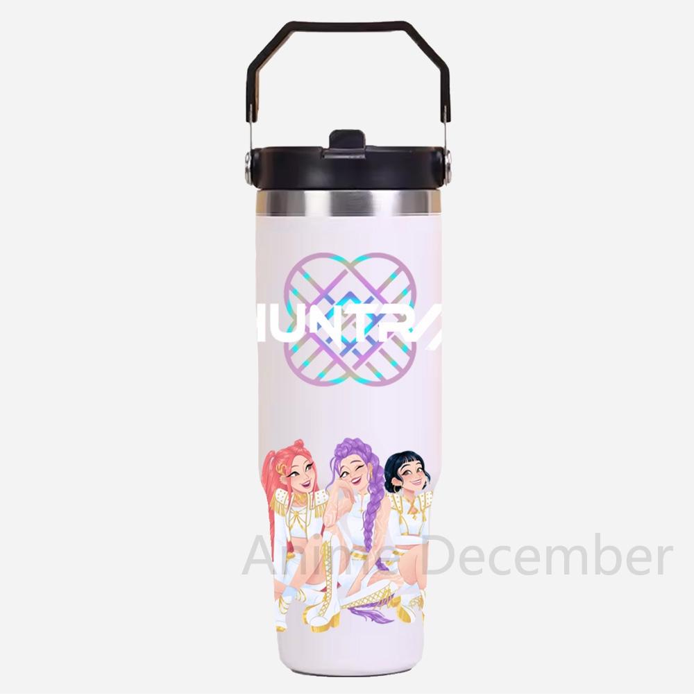 30Oz K-Pop Portable Car Cup Stainless Steel Thermos Cup with Straw Travel Sports Water Bottle with Handle Cover Coffee Vacuum Flask