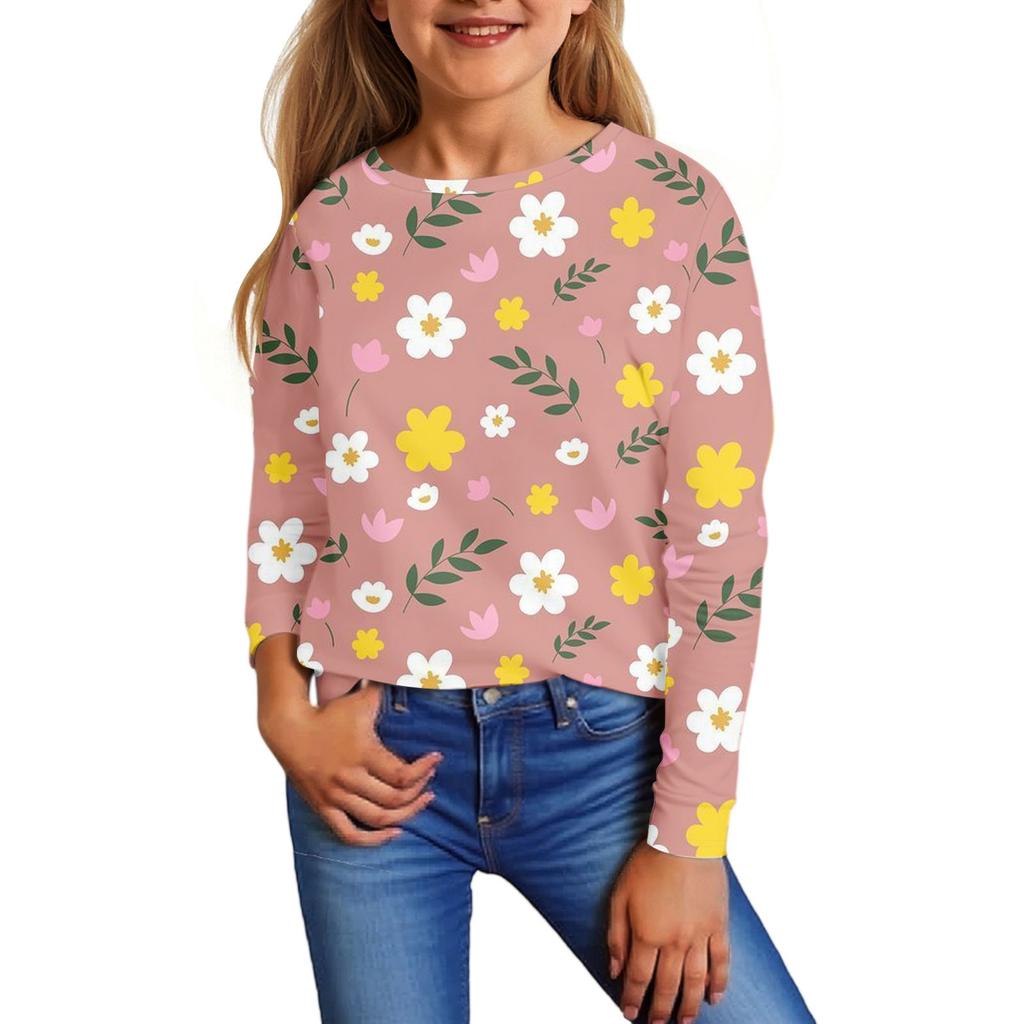 Children's Long Sleeve Tops Casual Print T Shirt Round Neck Pullover Blouse