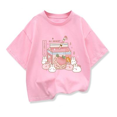 T-shirt Rosa con Disegno Cartone Animato per Bambina, Top Casual a Manica Corta Fragola e Latte
