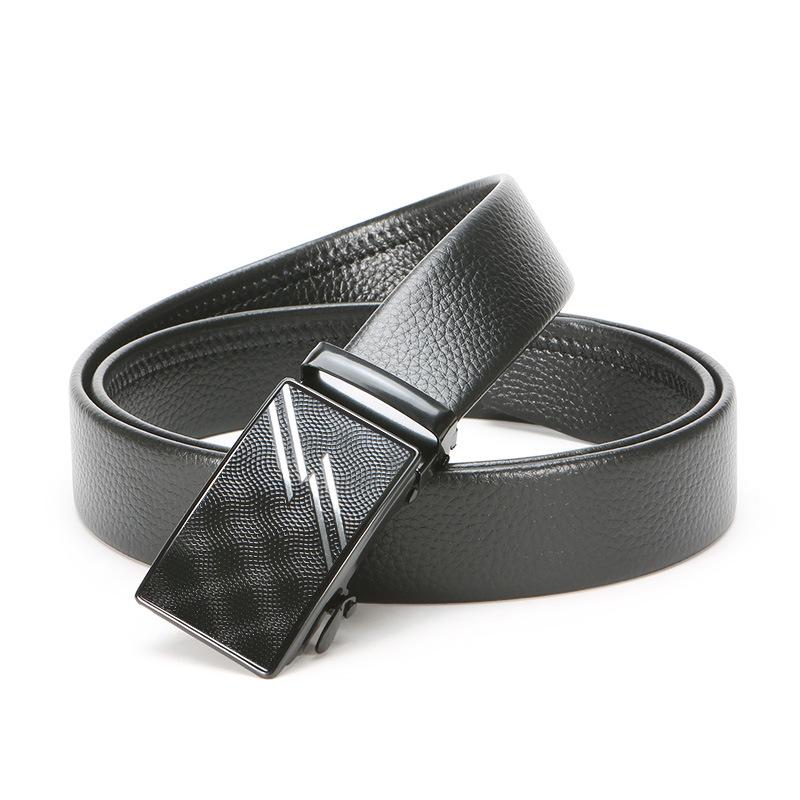 Men'S Automatic Buckle Iron Buckle Hemming Lychee Pattern Black Belt Middle-Aged And Young Business Belt