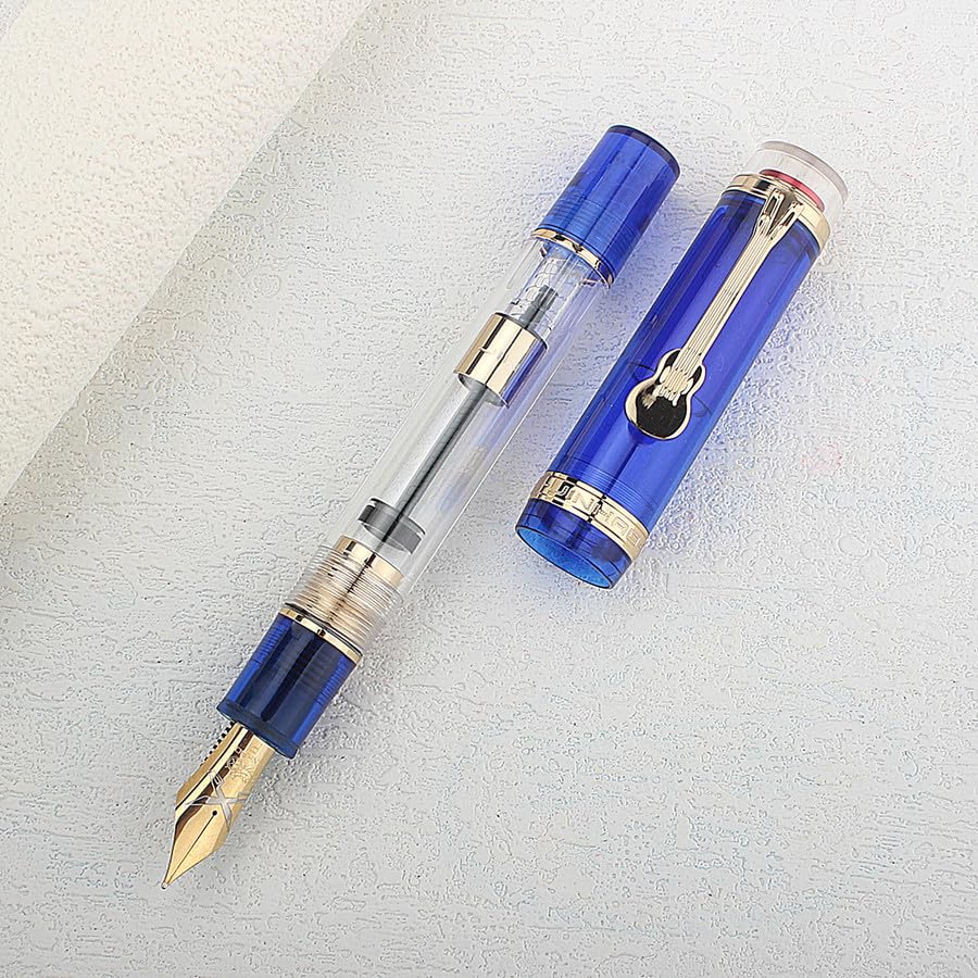 Ranvi Jinhao Tiandao 1935 Fountain Pen #8 Fine Sword Nib, Blue and Clear Acrylic, with Large Converter and Guitar Clip