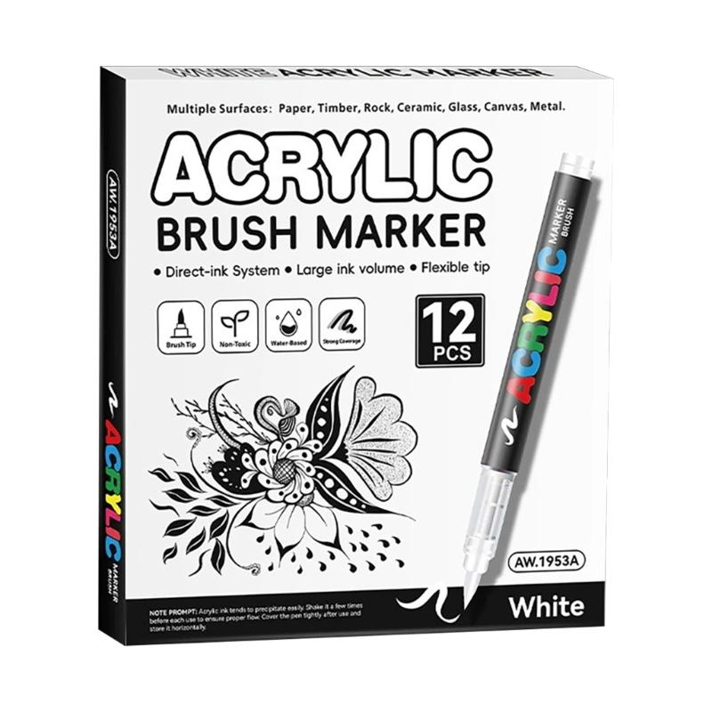 12 Stück Flüssig-Acryl-Marker Weiß/Schwarz Pinselspitze Acrylfarbe Stift zum Malen auf Papier Holz Glas Stoff Metall Stein black