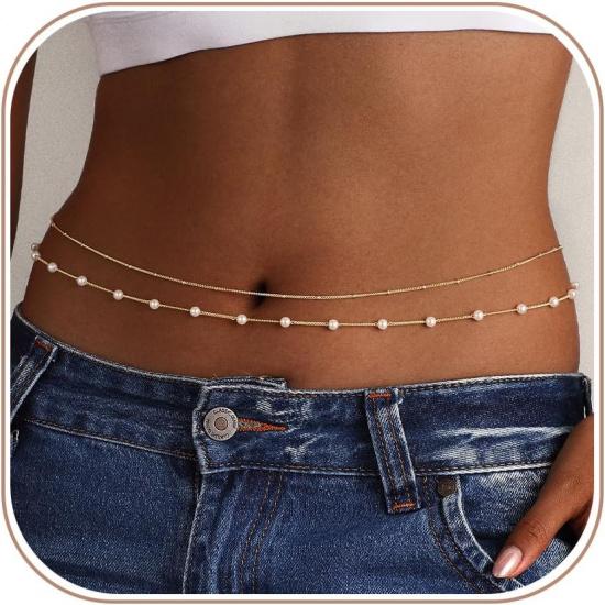 14K Gold Plated Waist Chain for Women - Gold Belly Body Chain Layered Waist Beads Chain Belt Beach Summer Jewelry Accessories for Women
