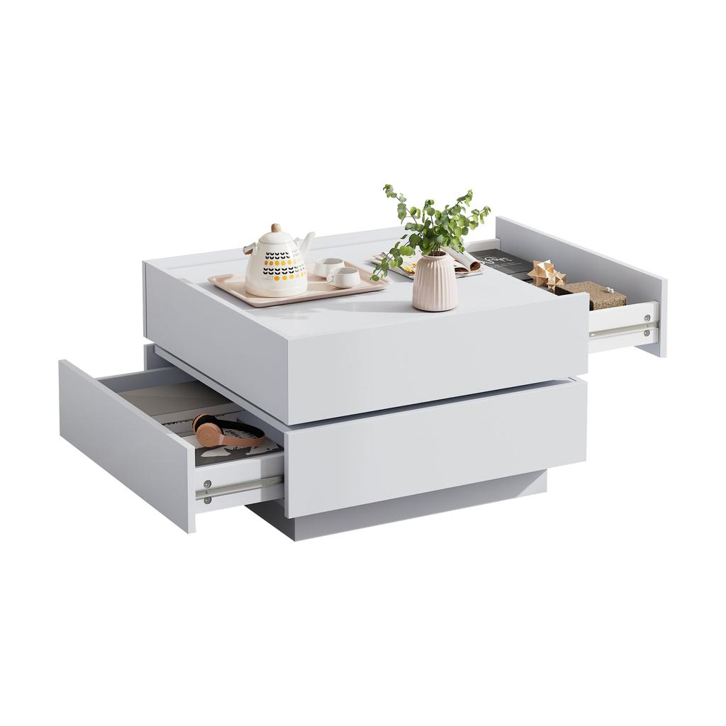 Functional Coffee Table for Living Room, 360 degrees Rotatable, Rotating Tabletop with 2 Shelves and Storage Space, Side Table Frame Pure White