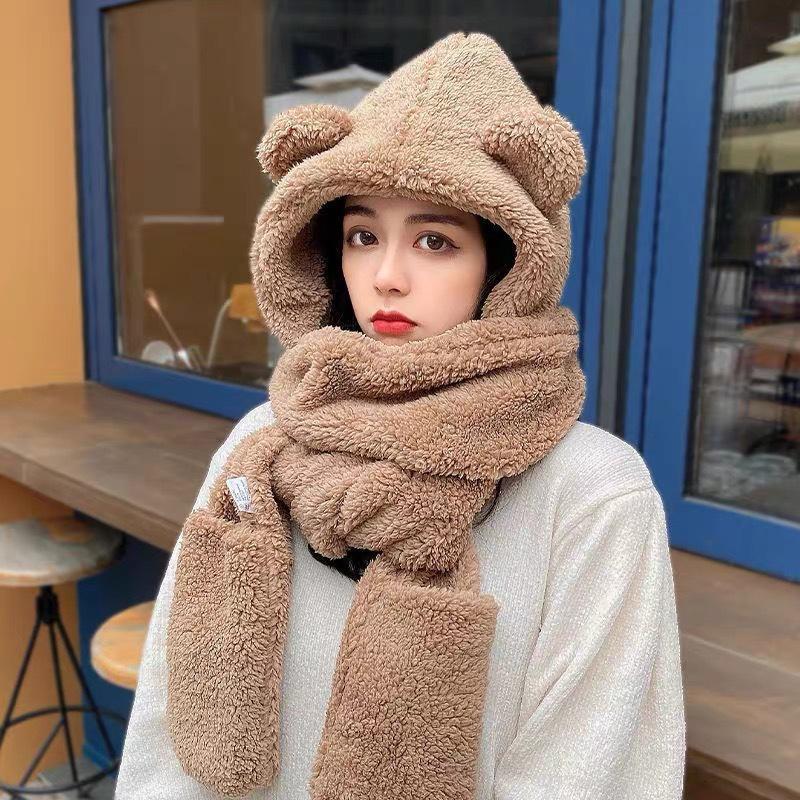 Cute Bear Ear Hat Scarf Gloves Set Thicken Women Beanies Caps Winter Warm Windproof Ear Protection Hat