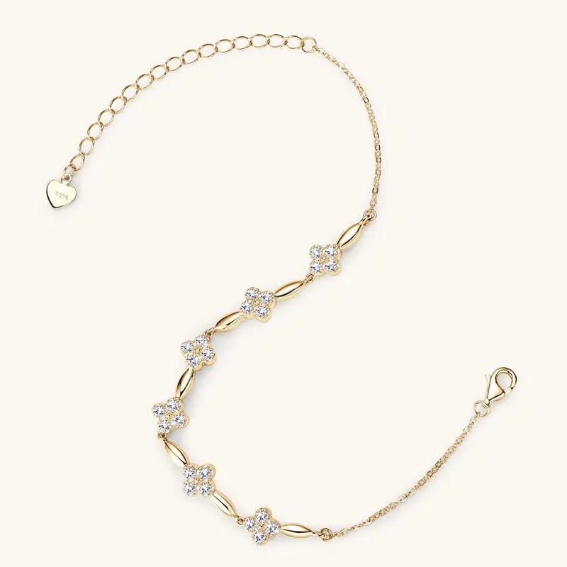 2mm Moissanite Bracelet 925 Silver Four-leaf Flower Adjustable Chain Bracelets for Women Girl Charm Hand Jewelry
