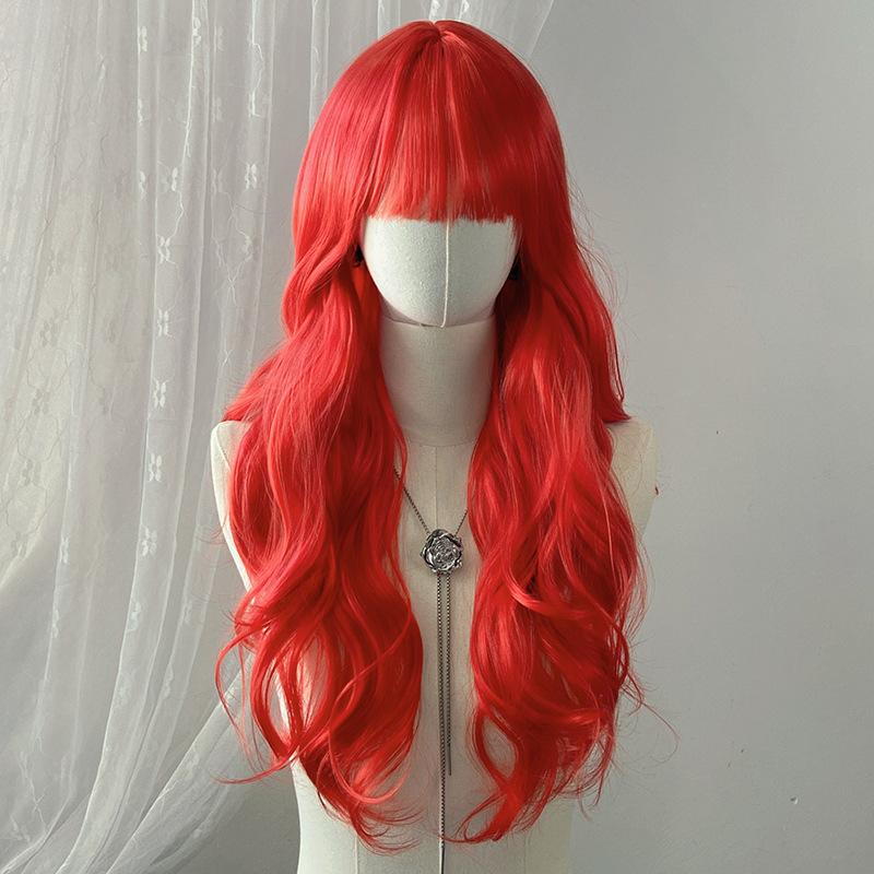 Japanese Korean Black Long Curly Hair Wig Women's Air Bangs Big Waves Synthetic Full Head Cover