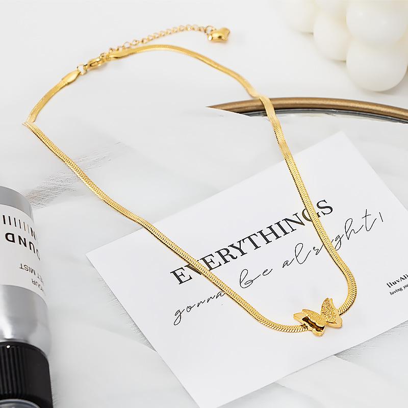 Stainless Steel Fashion Flat Snake Bkade Chain Butterfly Tassel Pendant Necklace For Women Jewelry Accessories