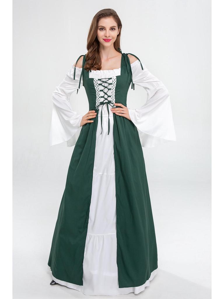 European and American Vintage Medieval Renaissance Square Neck Lace-Up Corset Halloween Costume Dress