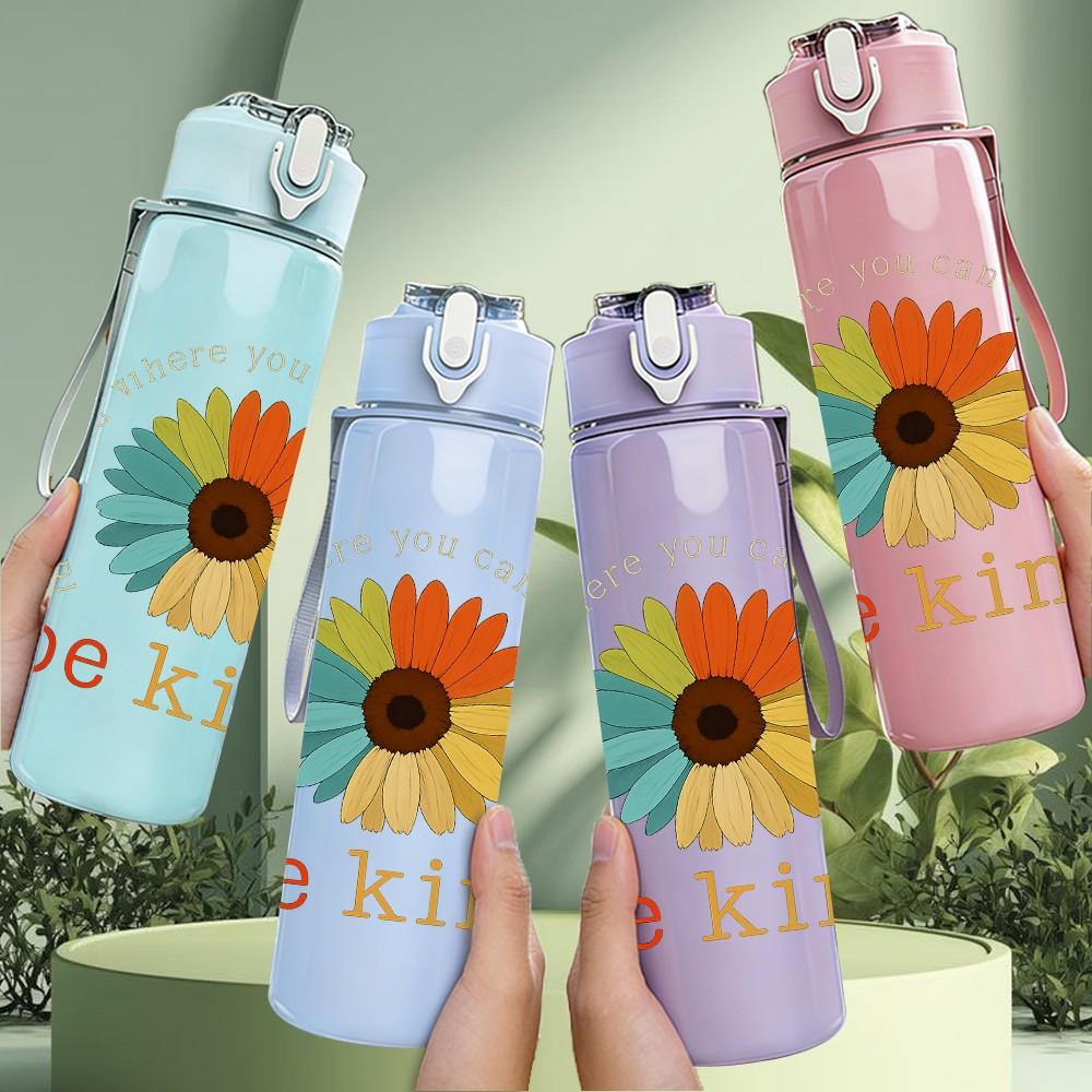1PC Be Kind Sunflower Text 750ml Color Plastic Sports Water Bottle Leakproof Flip Straw Lid Suitable for Sports Office Home Use