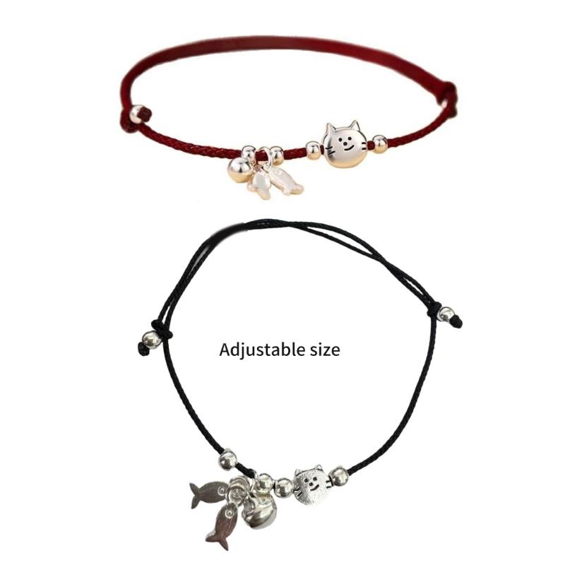 2PCS Interchangeable Cats Fish Charm Friendship Bracelets Braided Black Red Threads With Alloy Details Braided Wristband