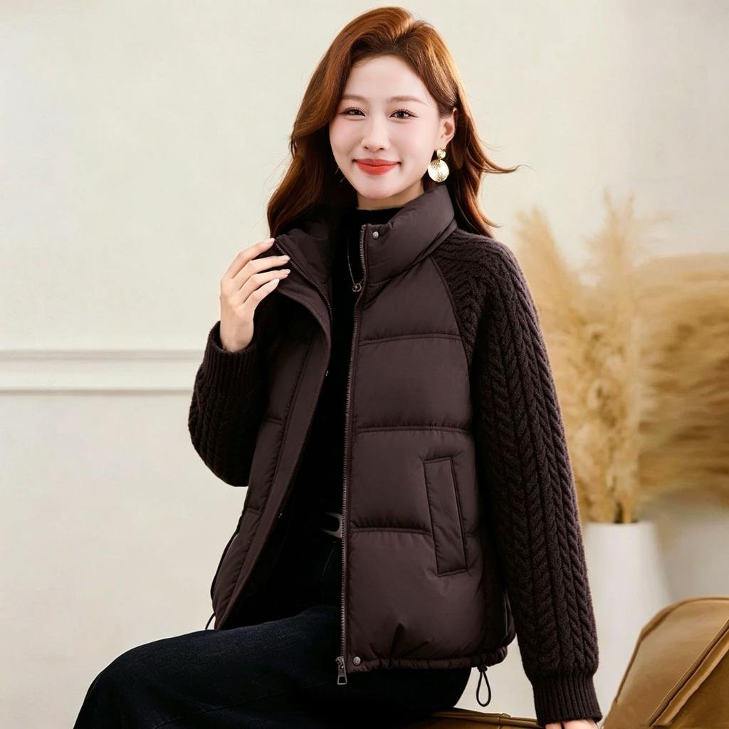 Winter new stand-up collar knitted sleeve cotton-padded clothes women's short thickened warm splicing fashionable trendy coat