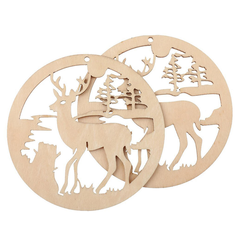 5Pcs Round Wooden Deer Hanging Ornaments Christmas Decorations Handmade Hollow Deer Christmas Wall Decor Hanging Ornament