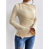 Herbst Neues Vielseitiges Raffdesign Glockenärmel Stehkragen Schlanke Passform Damen-T-Shirt