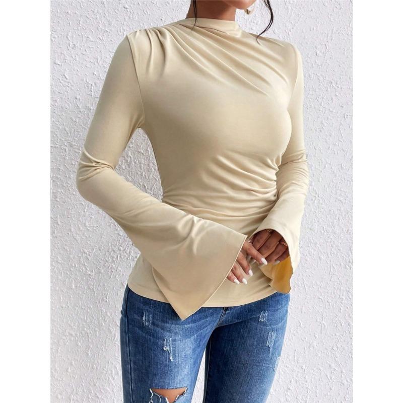 Herbst Neues Vielseitiges Raffdesign Glockenärmel Stehkragen Schlanke Passform Damen-T-Shirt