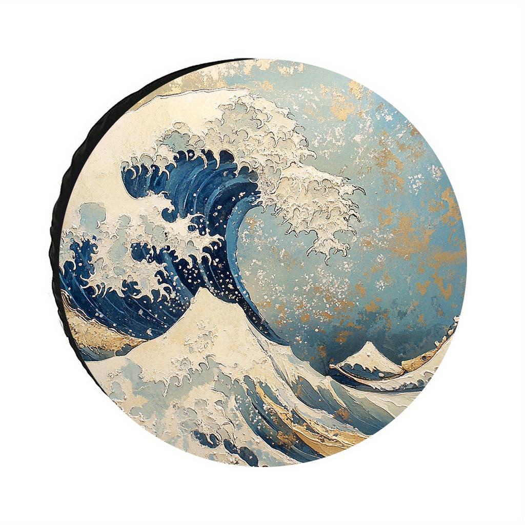 1pc 28-34 Inch Polyester Spare Tire Cover With Japanese Wave Print Design, UV Resistant Durable Dustproof Wheel Hub Protector, S