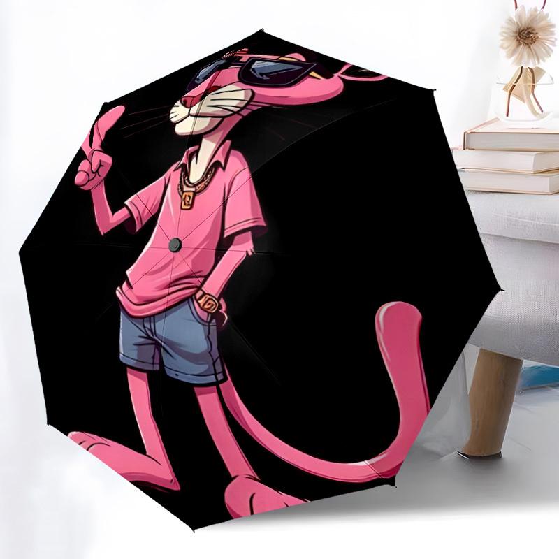 1pc Pink Panther Automatic Umbrella 8 Rib Portable Folding Black Iron Frame for Outdoor, Beach, Travel, Beach Umbrella 177