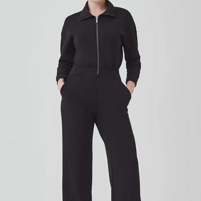 2024 Women's Long-Sleeve Wide-Leg Jumpsuit with Zipper and Lapel Sweater Design