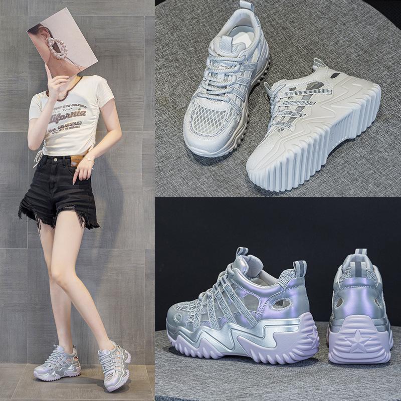 Thick-soled hollow dad shoes New breathable rhinestone mesh casual sports shoes in summer