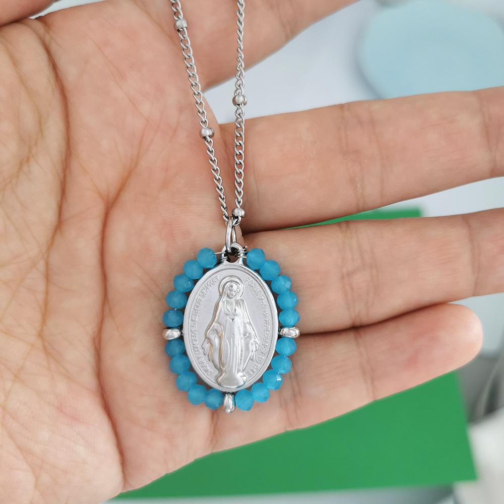 QMHJE Virgin Mary Stainless Steel Pendant Necklace Women Choker Beads Chain Oval Round Charm Gold Color Jewelry White Black