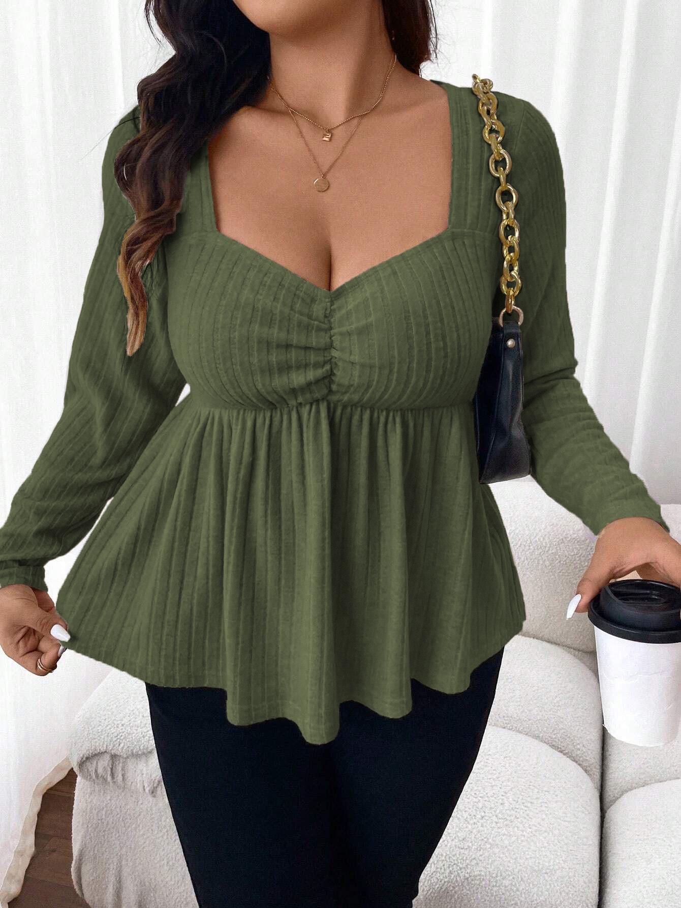 

Women s Slimming Pleated Long Sleeve T-shirt - Elegant European & American Spring/Fall Style 2XL армія зелений колір