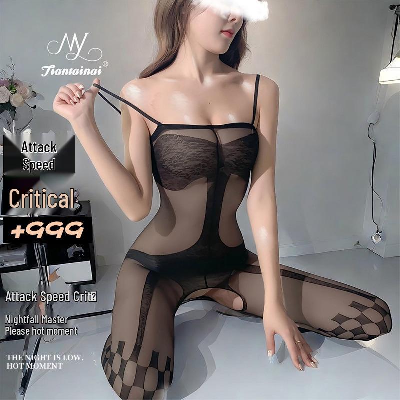 Allure Bodysuit Set: Fishnet Stockings & Open Crotch, Versatile Uniform Style for Mature Women, Plus Size, Black