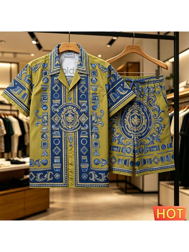 Sommer Retro Herren Hawaiianischer Urlaubshemd-Set Atmungsaktives Herren Freizeit Zweiteiliges Set