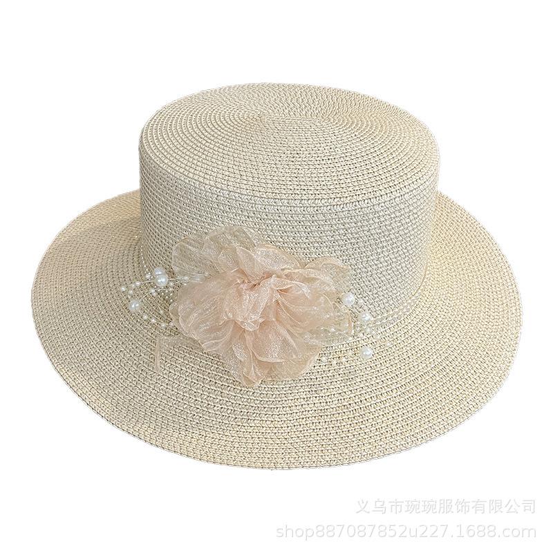 Pearl flower sunshade woven straw hat women's summer seaside vacation sun hat new flat-top sunscreen beach hat