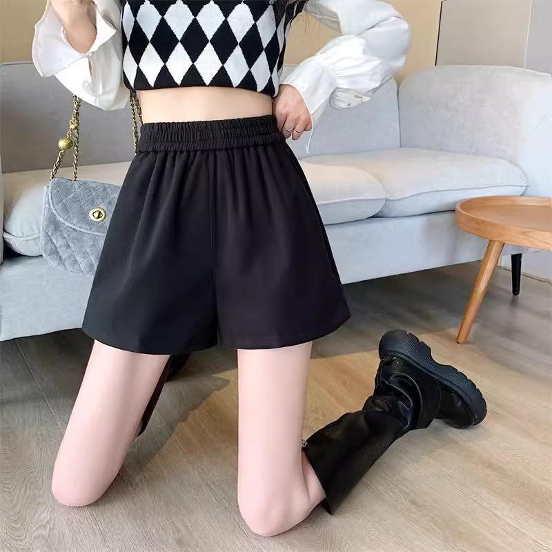 Women's Black Woolen High-Waist Booty Shorts - New 2024 Autumn/Winter Elastic A-line Wide-Leg Casual Wear