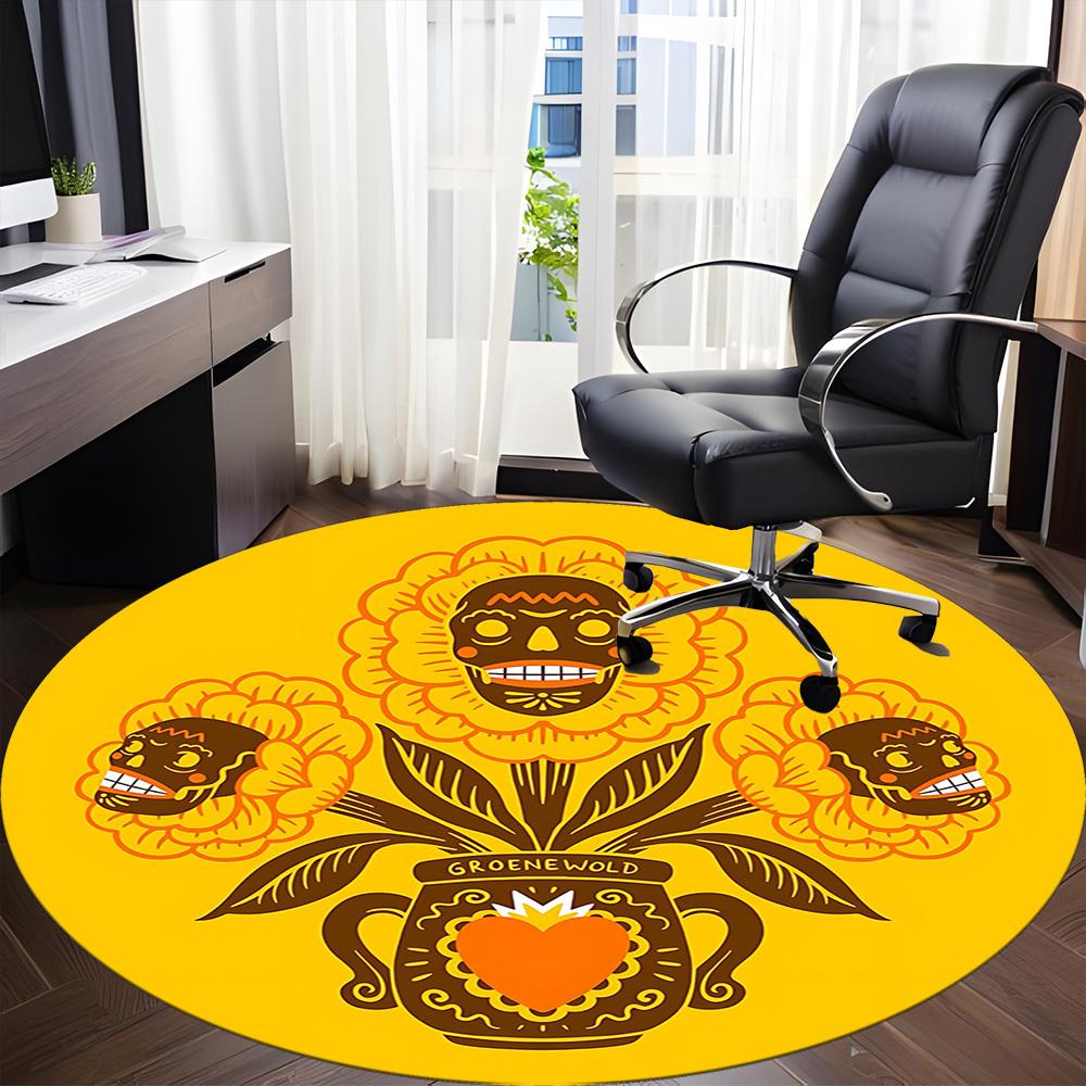 1pc Floral Skulls Office Round Area Rug, Mat Suitable For Office, Under Office Chairs Bedroom Living Room Home Decor, Room Deco