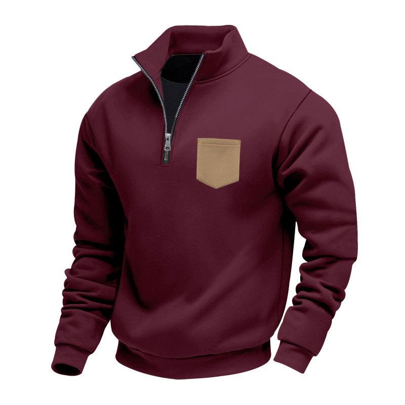 New Autumn/Winter Heavyweight Fleece-Lined Oversized Solid-Colour Patch Pocket Half-Zip Stand-Up Collar Men's Sweatshirt