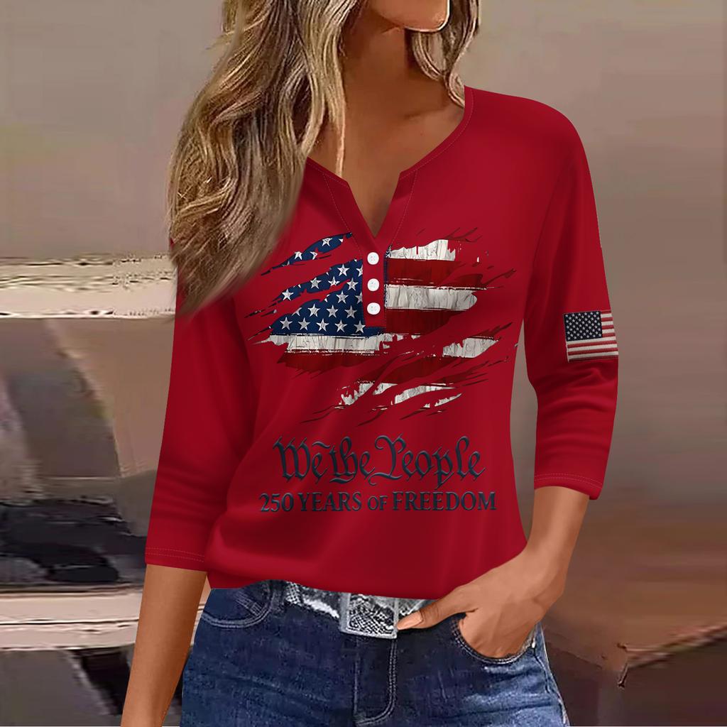 Women's T Shirt Independence Day Print Button 3/4 Sleeve Daily Weekend Fashion Basic V- Neck Regular Top