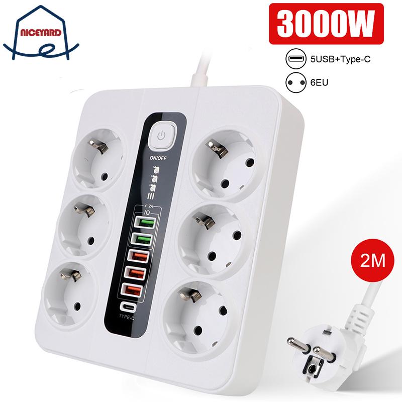 For Office Home USB Type C Extension Socket With Safety Switch Power Strip 3000W Outlet 2M Cable Overload Protection EU Plug