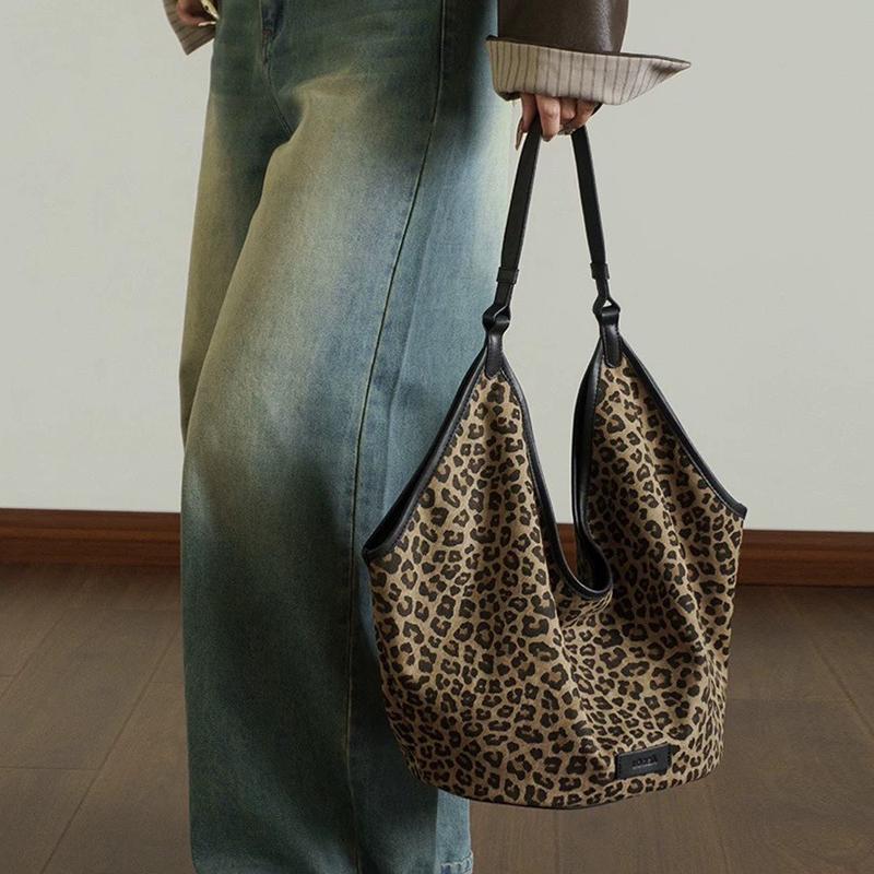 Leopard print canvas tote bag for women Korean fashion cotton fabric hobo bags large shoulder shopping bag