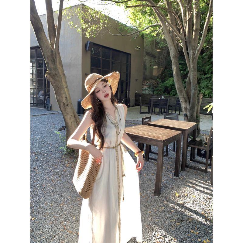 Kumikumi Holiday Style White V-neck Vest Dress Women Summer Temperament Drape Slimming Large Swing Skirt Long Dress