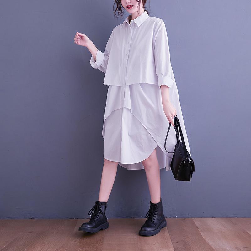

2023 Fall Women s Plus Size Irregular Long-Sleeve Shirt Dress One Size чистый белый
