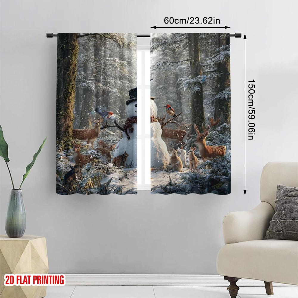 2pcs,2D Plane Printing Minimalist Curtains Snowman & Wildlife Winter Versatile Polyester (without Rod) Gifts Use for Bedroom,