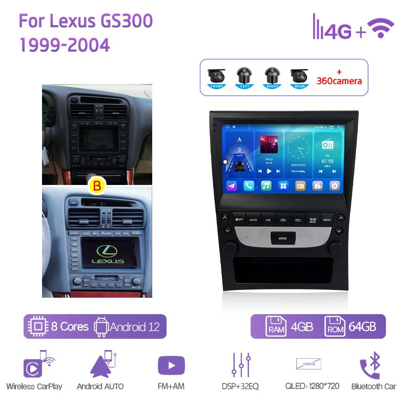 9.0Inch For Lexus GS300 1999-2004 GPS Navigation Radio Android12 8+128G 8Core CarPlay 4G 360 Camera Car Multimedia Video Player
