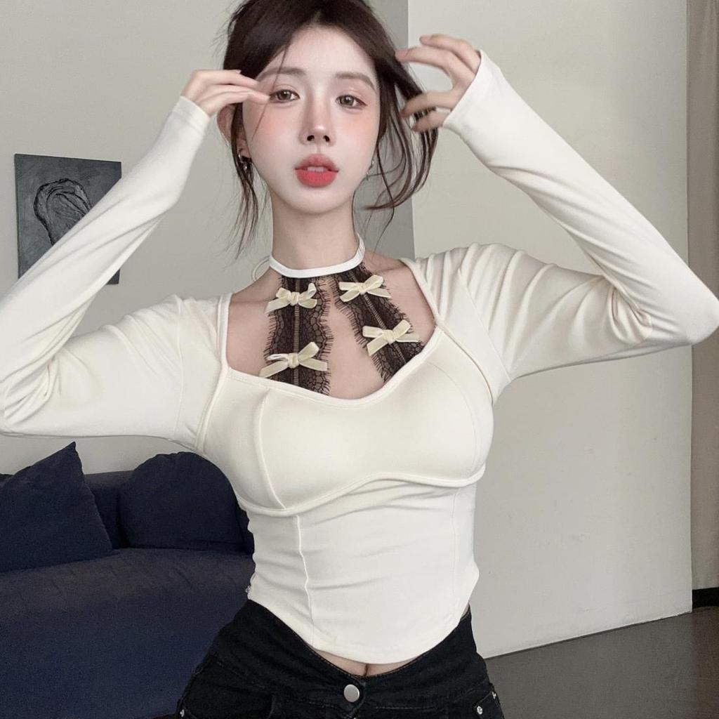 VAYLA Square Collar Long Sleeve Bottoming Women Tees Sweet Y2k Aesthetic Bow Sexy Lace Crop Top Japanese Chic Fashion Slim T-Shirts