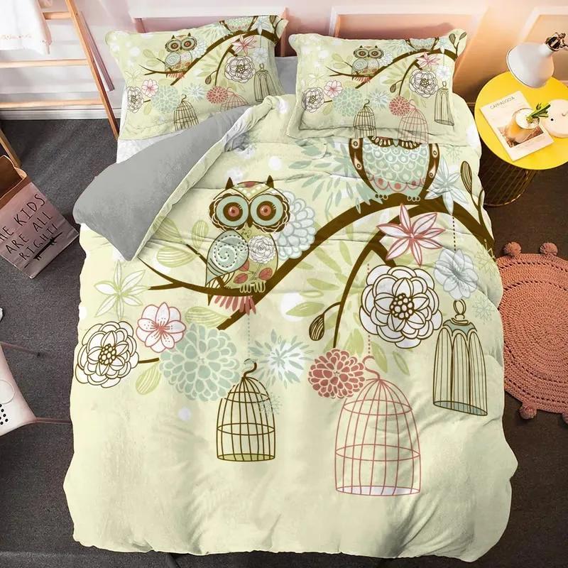 Kawaii Cartoon Owl Duvet Cover Set Full Queen King Size Owl Bedding Set For Girls Boys Brown Owl Cartoon Animal Comforter Cover