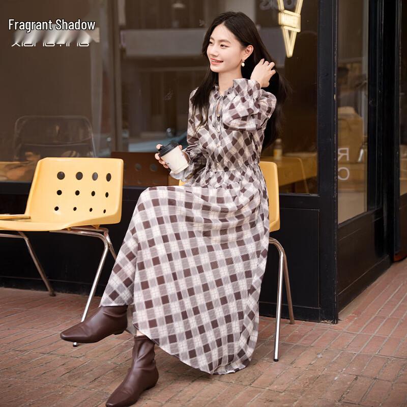 Xiangying Vintage Plaid Waist-Defining French Midi Dress