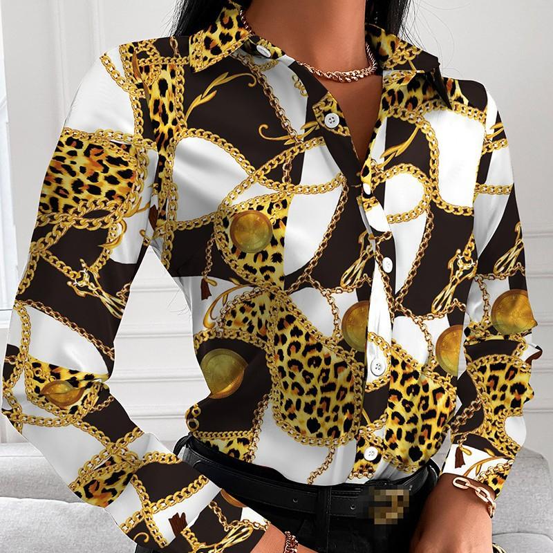 Damen Herbst Locker Langarm V-Ausschnitt Knopf Bedruckte Hemdbluse