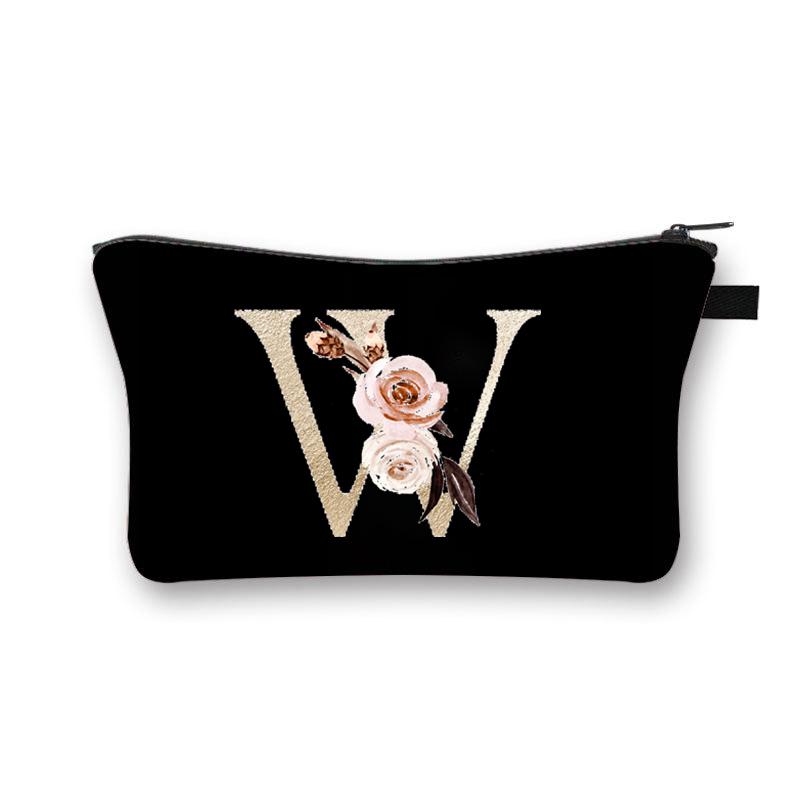 Vintage Golden Flower Alphabet Travel Cosmetic Bag Waterproof Toiletry Organize Pouch for Women