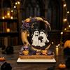 Natural Wood Spooky Decor Halloween Moon Swing Ghost Figurine, Reading On with Floral Tiered Tray Pumpkin Accents, Wooden Bookshelf for Desk