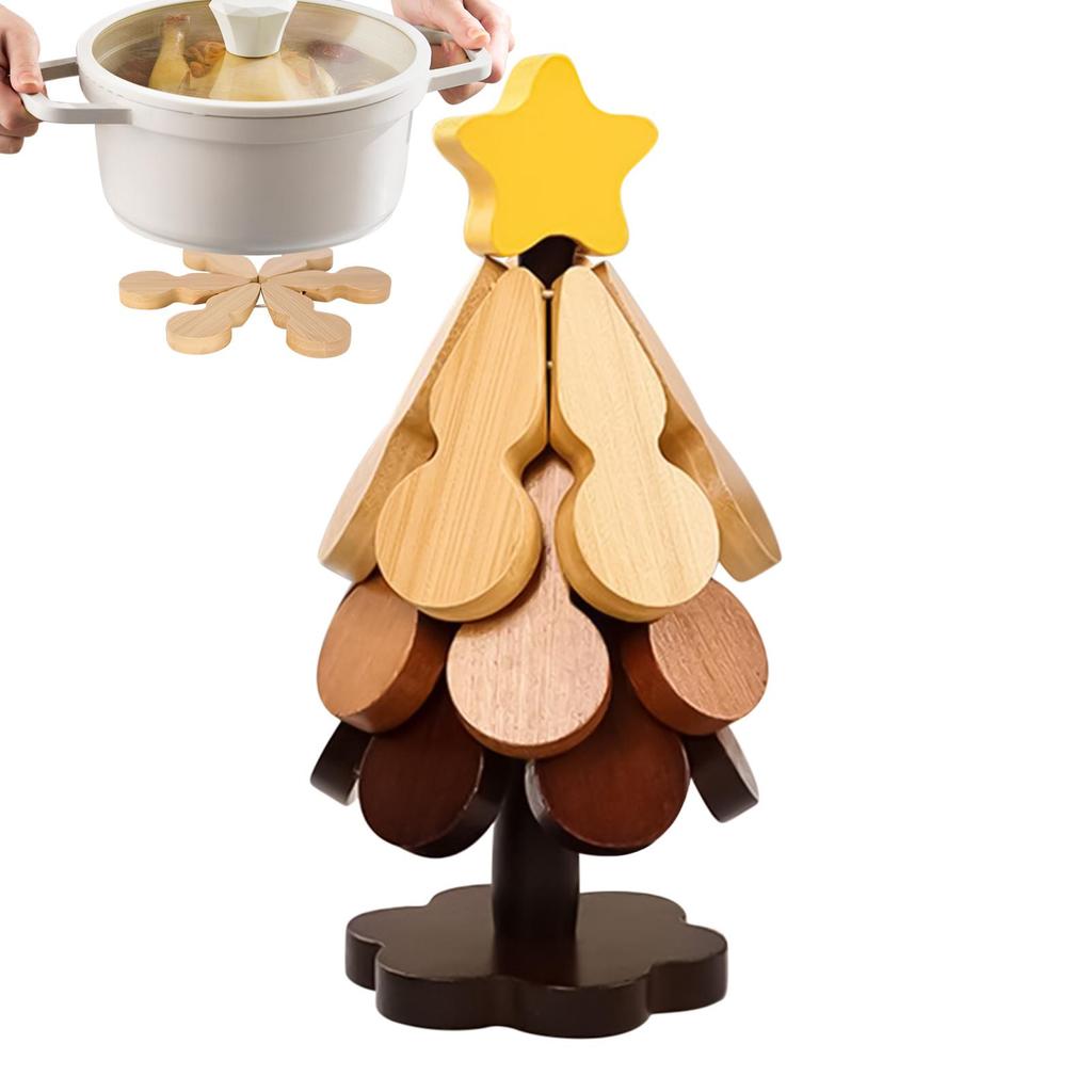 Wood Christmas Tree Trivet Hot Pad, Table Decor Coaster for Kitchen Counter, Teapot Pan Holder Dining Room Protector