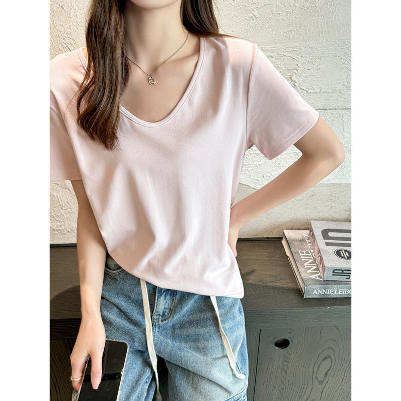 Loose V-neck Shoulder Short-sleeved T-shirt Women's Summer Large Size T-shirt High-end Clothes Cover Belly T-shirt