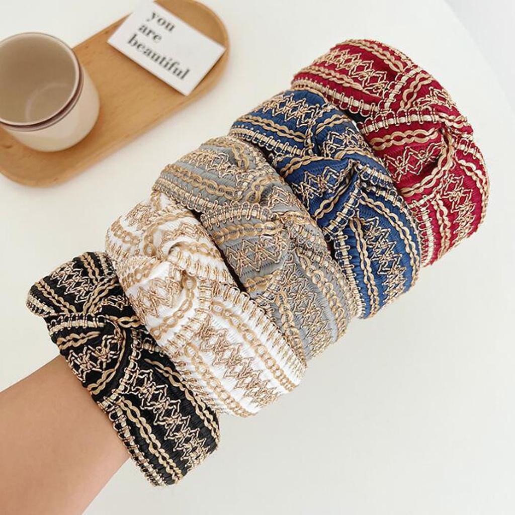 PROLY Neue Mode Haaraccessoires für Frauen Breite Seite Vintage Böhmisch Kopfschmuck Mittiger Knoten Turban Mädchen Stirnband Haarband
